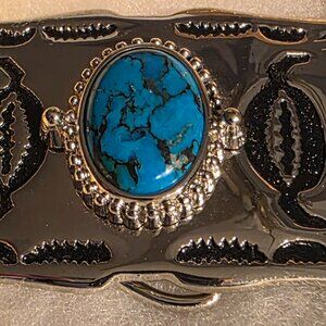 Vintage Metal Belt Buckle, Nice Blue Turquoise Stone, Native Design, Nice West